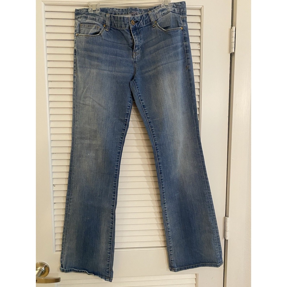 Tommy Hilfiger Jeans Womens 12 Blue Mid Rise Bootcut Distressed Denim Stretch,